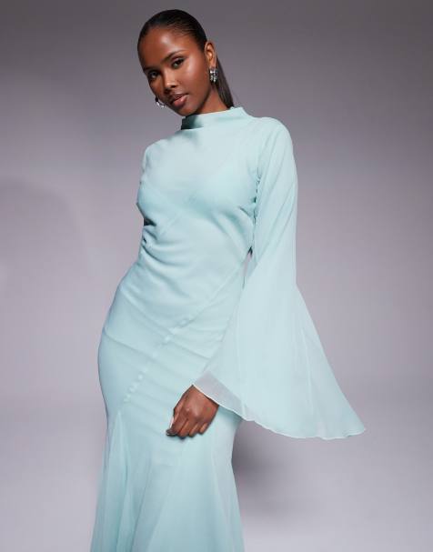 ASOS DESIGN long sleeve high neck maxi dress with ruffle godets and flute sleeves in teal - view 1