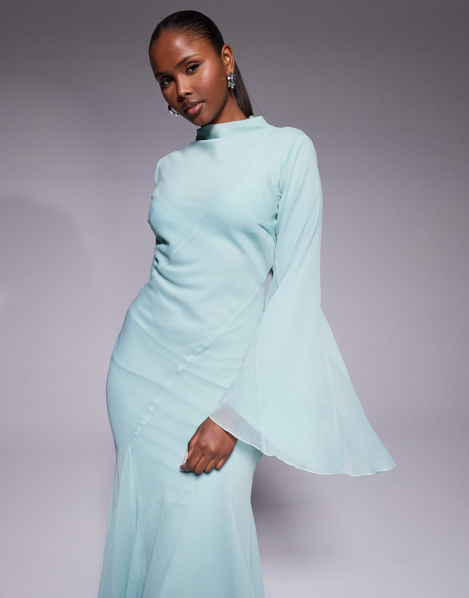 asos design long sleeve high neck maxi dress with ruffle godets and flute sleeves in teal