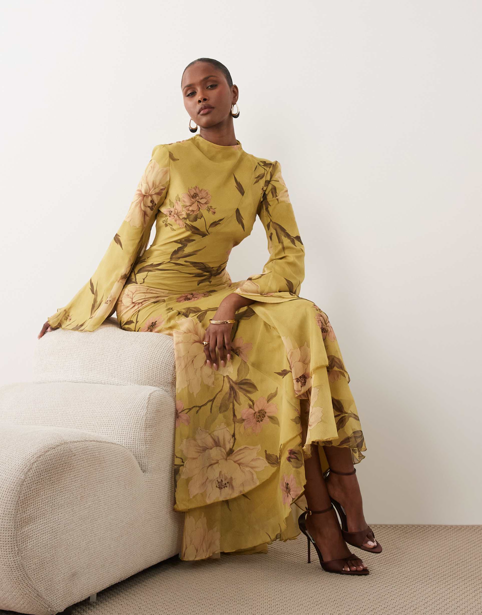 asos design long sleeve high neck maxi dress with ruffle godets and fluted sleeves in green floral