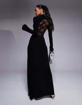 ASOS DESIGN long sleeve high neck maxi dress with seamed lace panels in  black | ASOS