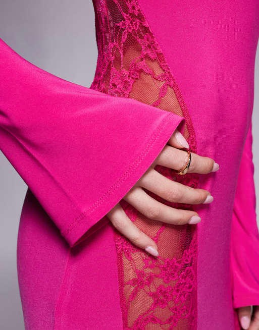 ASOS DESIGN long sleeve high neck maxi dress with seamed lace panels in in  pink | ASOS