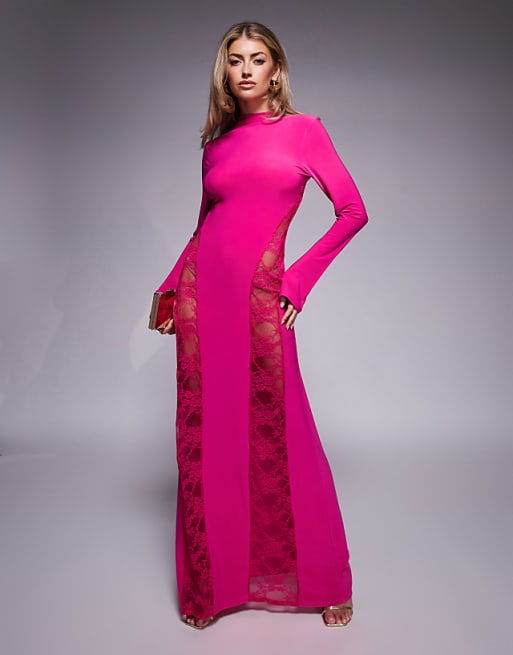 long pink dresses with lace sleeves A-line Chiffon Silver Appliqued Prom with 3/4 Sleeves,apd2678 Slight modifications might be made to improve garment quality ASOS DESIGN long sleeve high