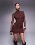 [ASOS DESIGN] ASOS DESIGN long sleeve high neck mesh mini dress with curved ruched skirt in chocolate-Brown L Chocolate