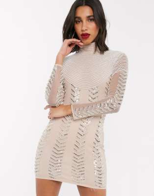 red long sleeve high neck dress