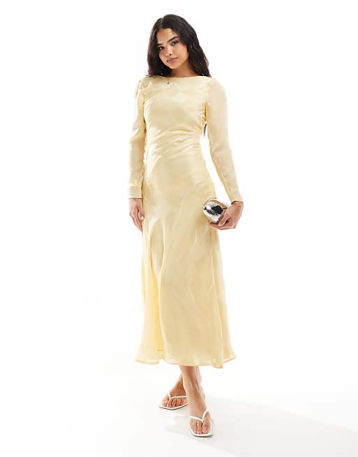 long sleeve satin midi dress Deep Burgundy Long-Sleeve Wrap Midi-Dress This garment fits true to size Lulus | Champagne Satin Feather