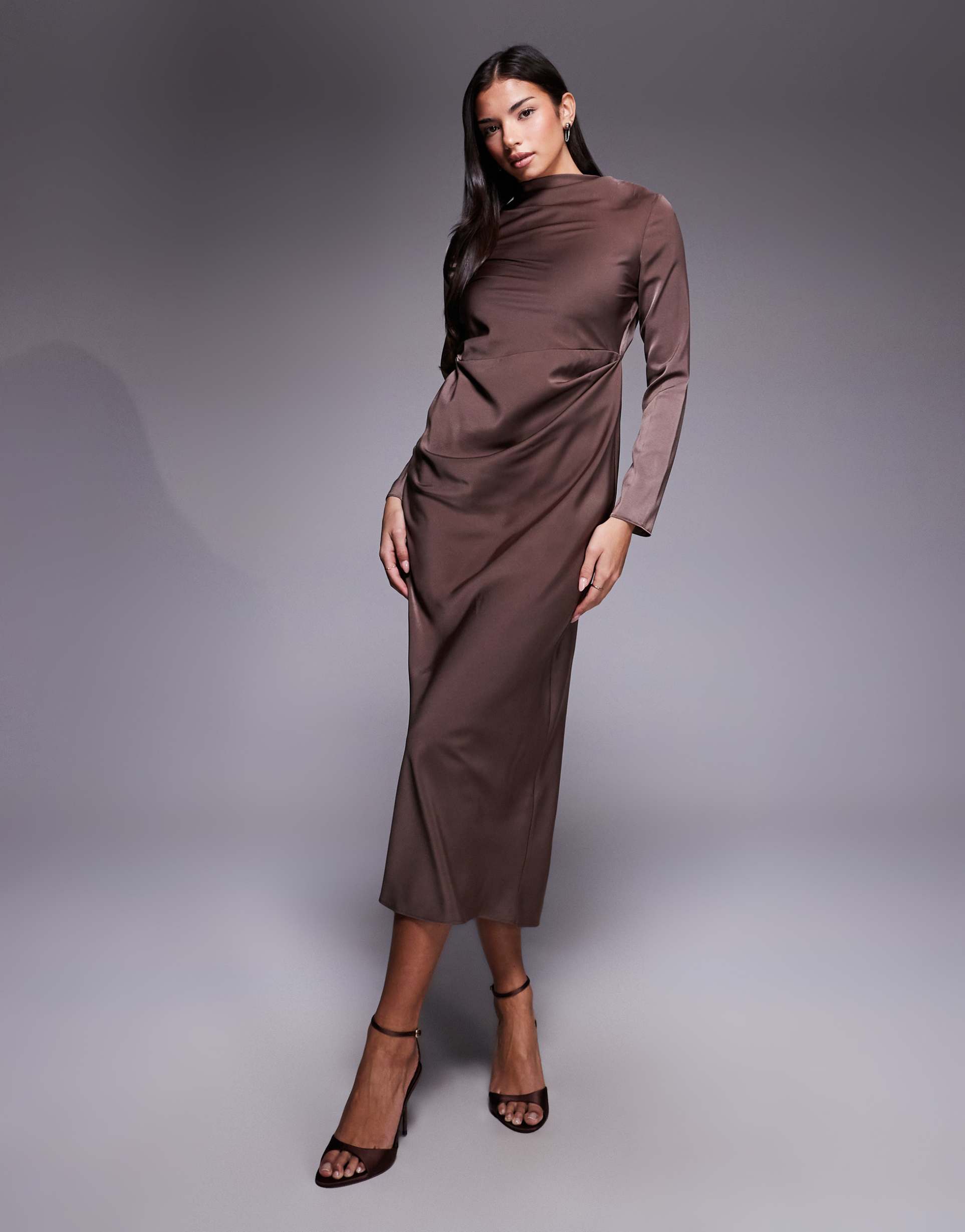 asos design long sleeve high neck pleated bodice midi dress in chocolate
