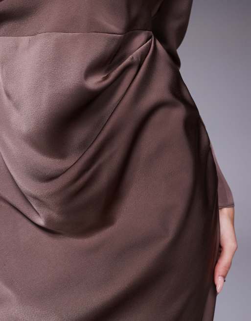 ASOS DESIGN long sleeve high neck pleated bodice midi dress in chocolate, 4 of 4