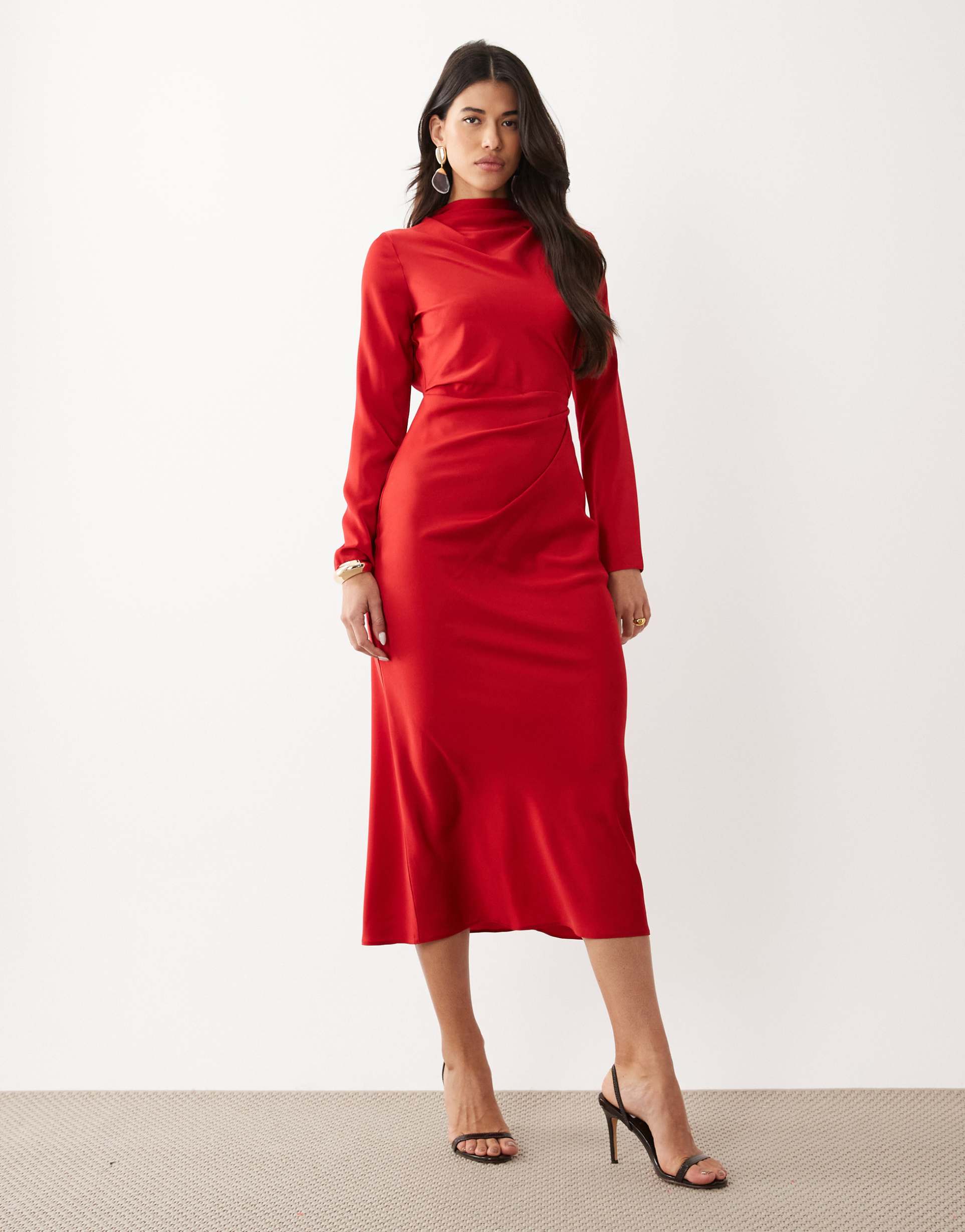 asos design long sleeve high neck pleated bodice midi dress in red