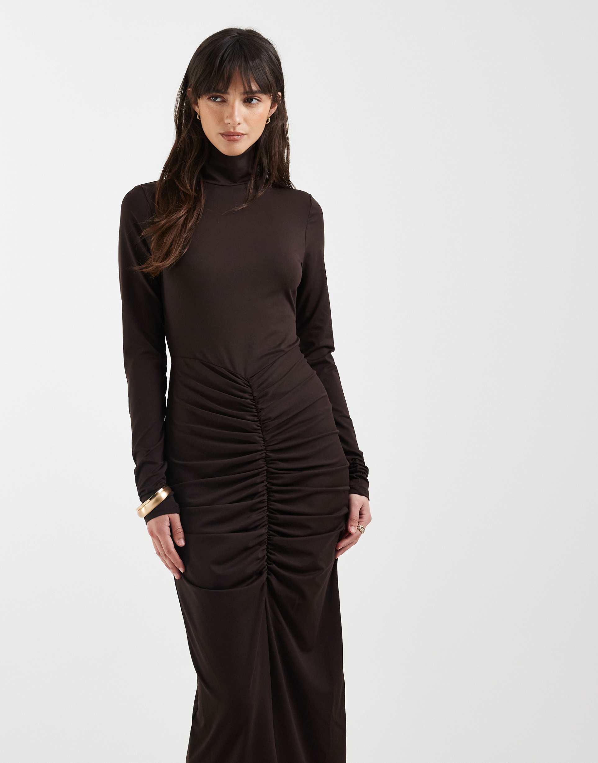 asos design long sleeve high neck ruched front maxi dress in brown