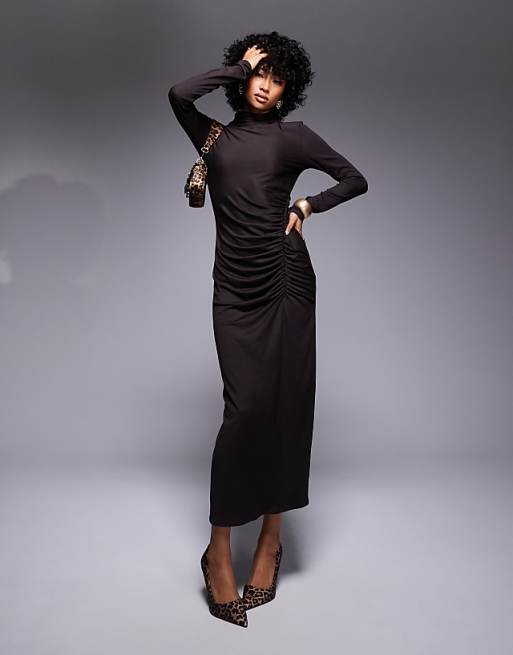 ruched midi dress long sleeve Hardware Venezia Deep V-Neck, Dorian in Taupe, Size M, For GNO/Date Night making it a versatile piece for evening engagements Long Sleeve Ruched Front Midi
