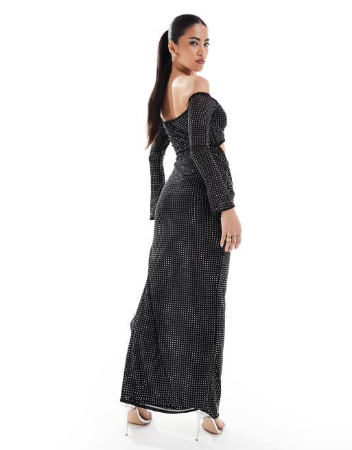 ASOS DESIGN long sleeve hotfix bardot trim detail maxi dress in black ASOS