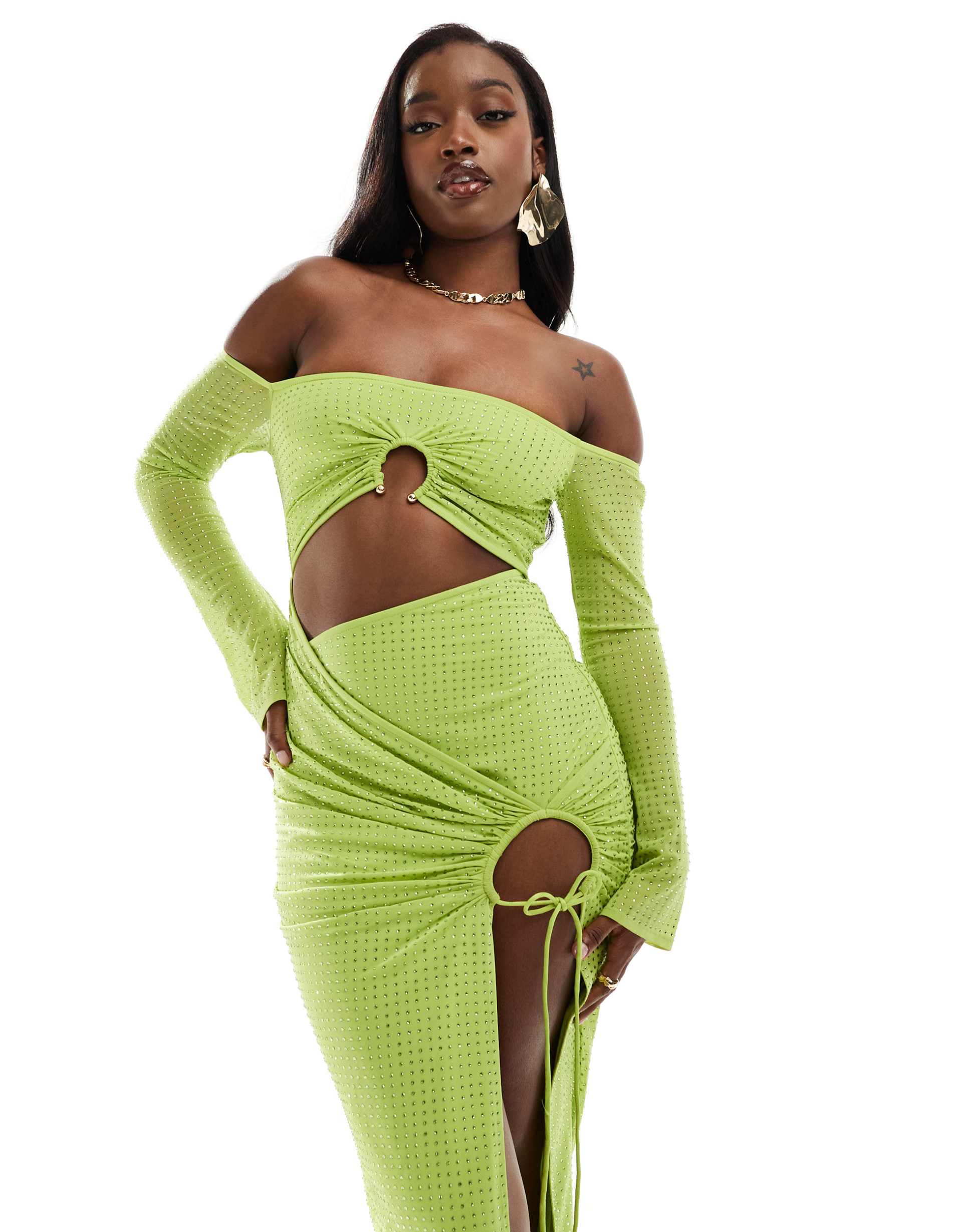 asos design long sleeve hotfix bardot trim detail maxi dress in lime green