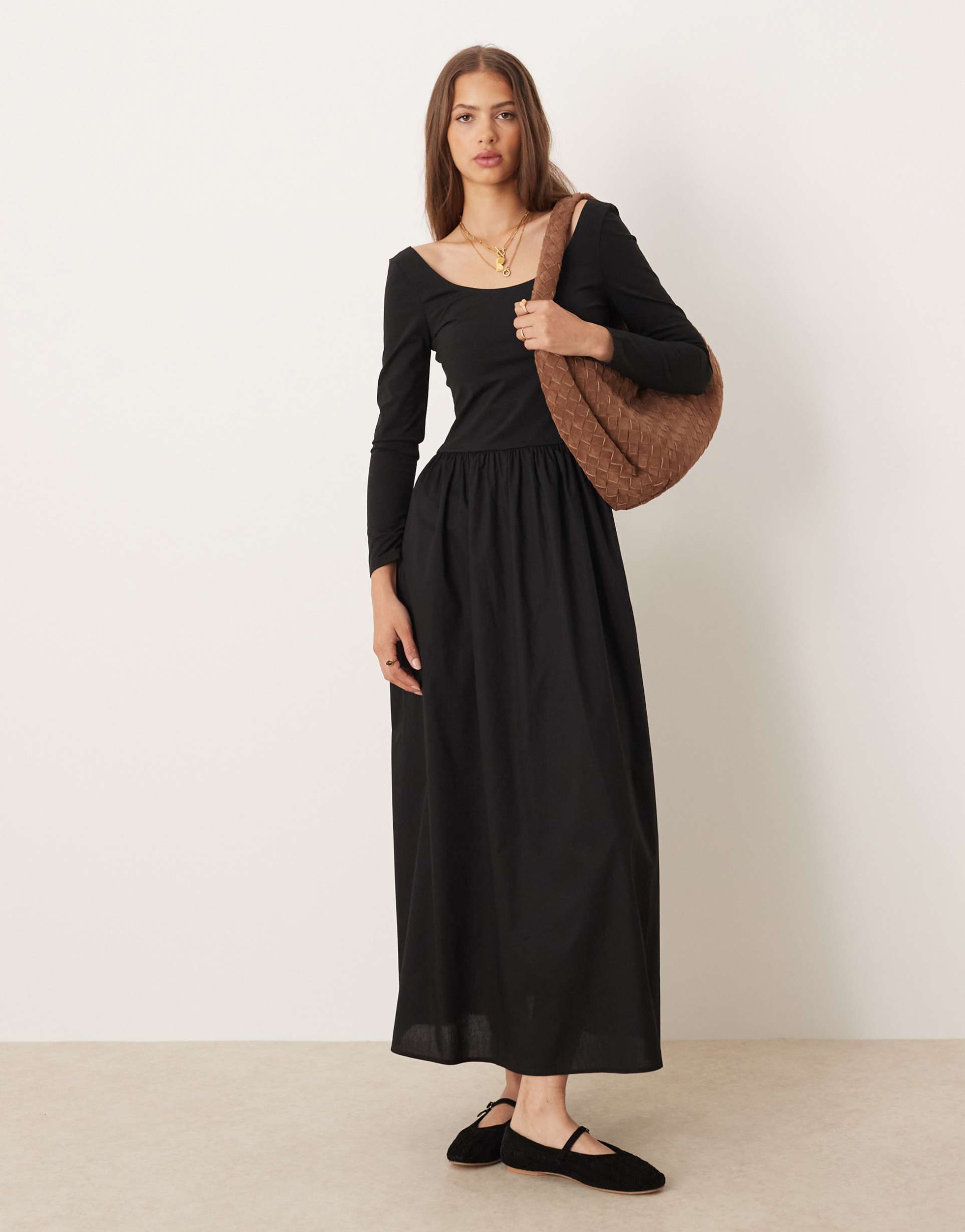 asos design long sleeve hybrid midi dress in black