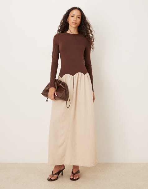 ASOS DESIGN long sleeve hybrid scalloped waist maxi dress in chocolate and black - view 1