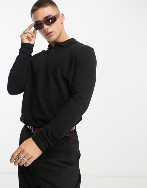 ASOS DESIGN long sleeve jersey pique polo in black