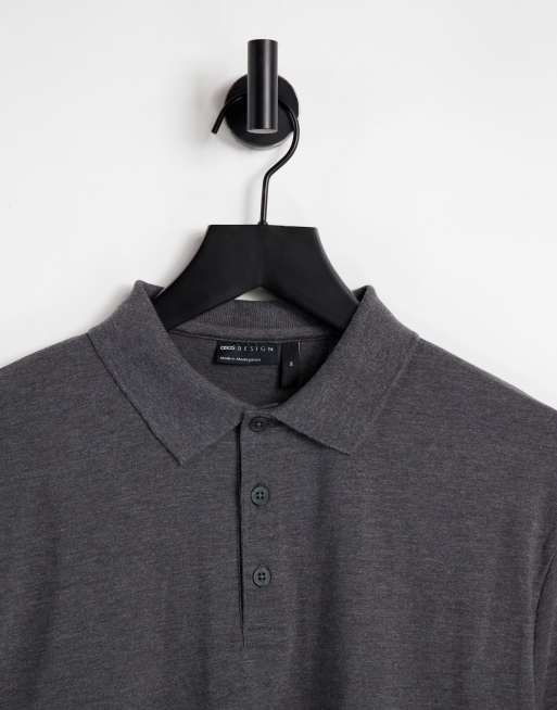 ASOS DESIGN long sleeve jersey polo in charcoal marl