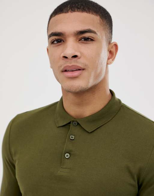 ASOS DESIGN long sleeve jersey polo in green | ASOS