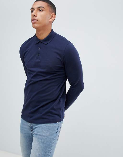 ASOS DESIGN long sleeve jersey polo in navy ASOS