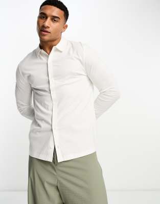 ASOS DESIGN long sleeve jersey shirt in cream | ASOS