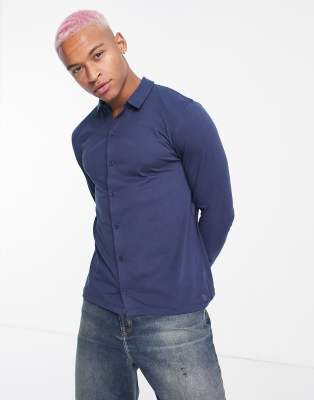 ASOS DESIGN long sleeve jersey shirt in navy | ASOS