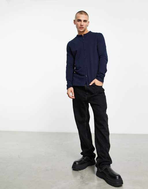 ASOS DESIGN long sleeve jersey shirt in pique with grandad collar, 3 of 4