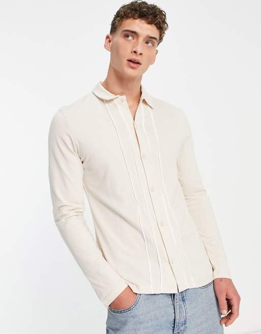 ASOS DESIGN long sleeve jersey shirt in stone with white tipping detail ...