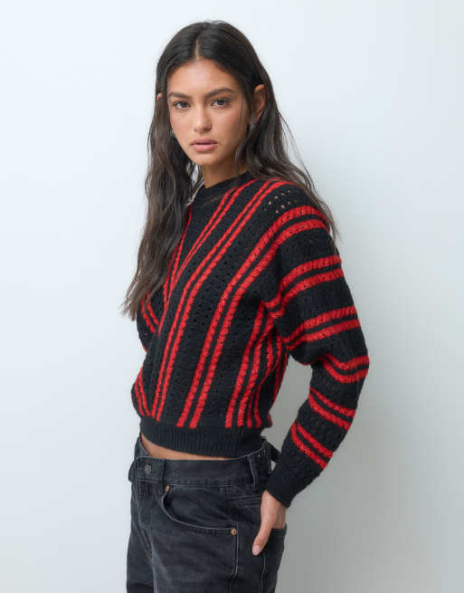 ASOS DESIGN long sleeve jumper with diagonal stripe in black and red, 5 of 5