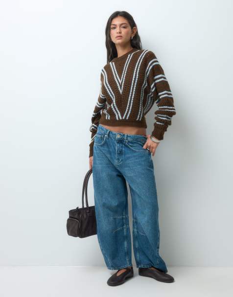 ASOS DESIGN long sleeve jumper with diagonal stripe in brown and blue - view 1
