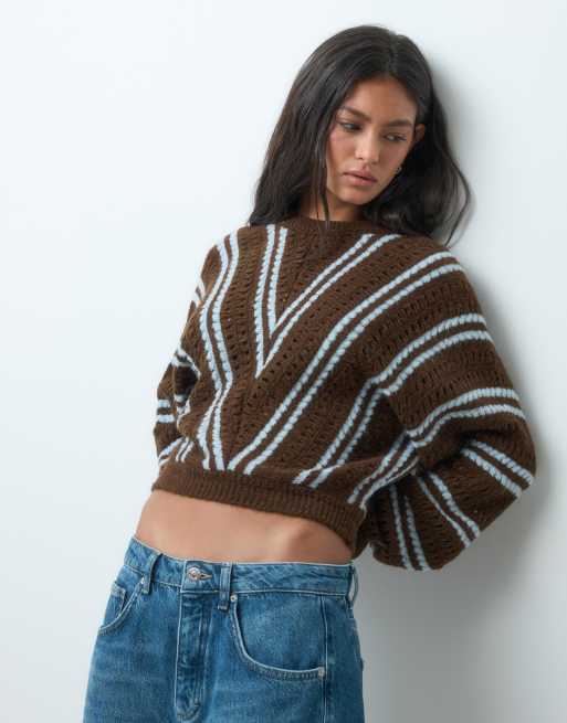 ASOS DESIGN long sleeve jumper with diagonal stripe in brown and blue, 4 of 5