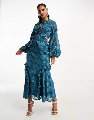 Asos Design Long Sleeve Keyhole Frill Detail Midi Dress In Floral Burnout In Teal Blue