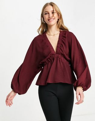 ASOS DESIGN long sleeve kimono blouse with elastic detail in wine