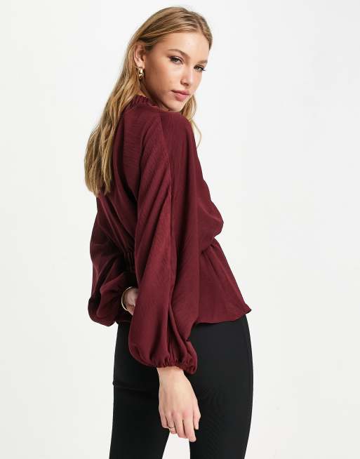 ASOS DESIGN long sleeve kimono blouse with elastic detail in wine