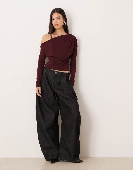 ASOS DESIGN long sleeve knit look fallen shoulder top in berry, 2 of 4