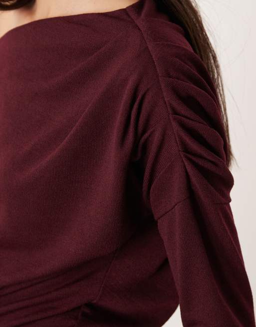 ASOS DESIGN long sleeve knit look fallen shoulder top in berry, 3 of 4