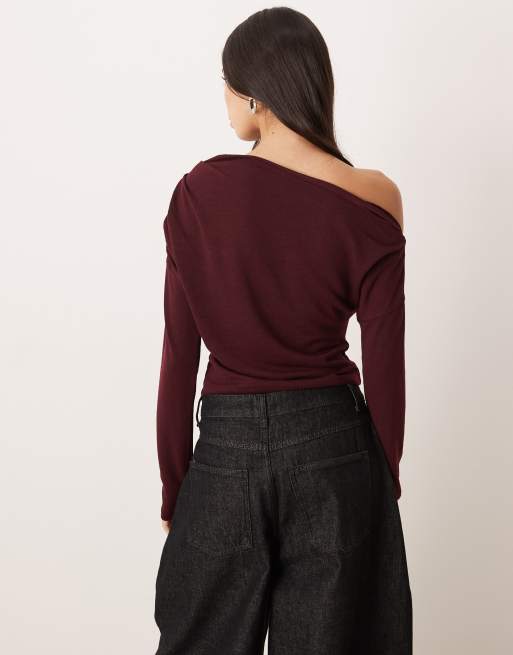 ASOS DESIGN long sleeve knit look fallen shoulder top in berry, 4 of 4