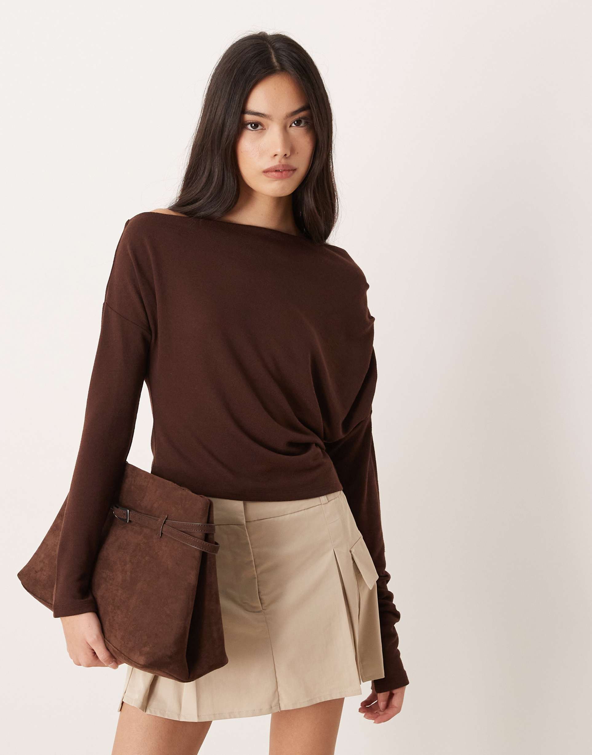 asos design long sleeve knit look fallen shoulder top in brown