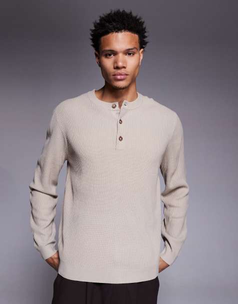 ASOS DESIGN long sleeve knitted rib henley neck t-shirt in stone - view 1
