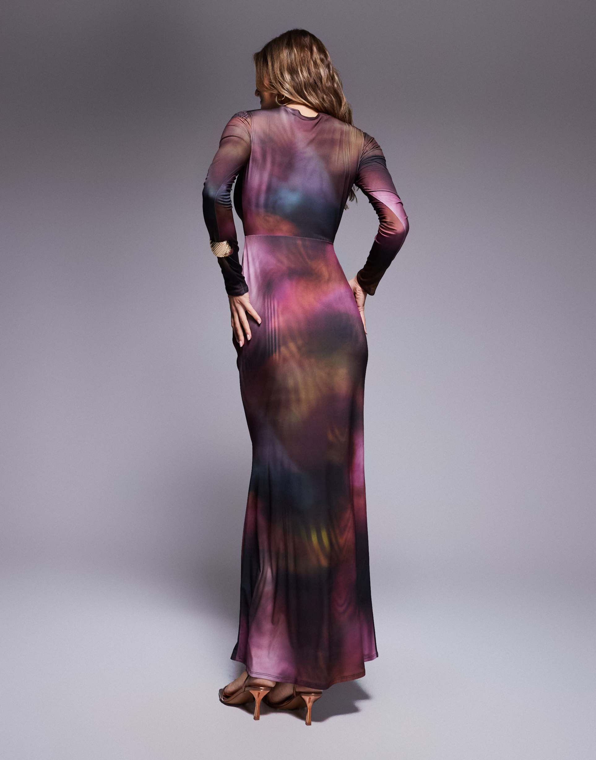 asos design long sleeve knot detail maxi dress in purple abstract print