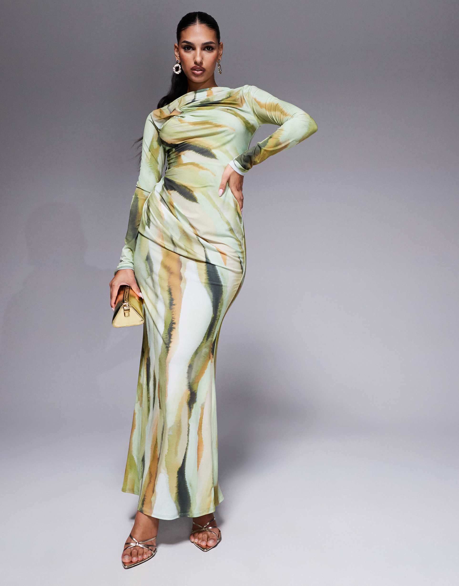 asos design long sleeve knot detail maxi dress in tonal abstract print