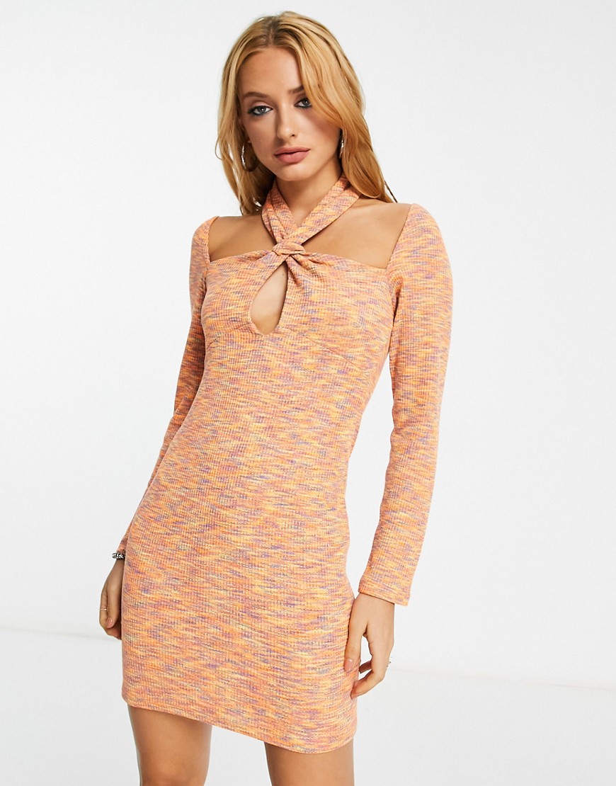 ASOS DESIGN long sleeve knot detail mini dress in bright space dye-Orange