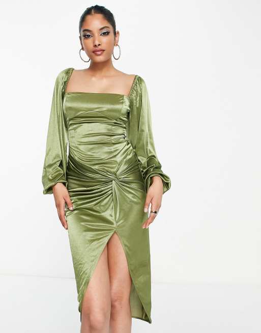 ASOS DESIGN long sleeve knot high split satin midi dress in olive