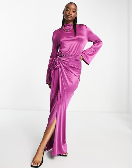 ASOS DESIGN long sleeve knot tie waist detail maxi dress in dark rose