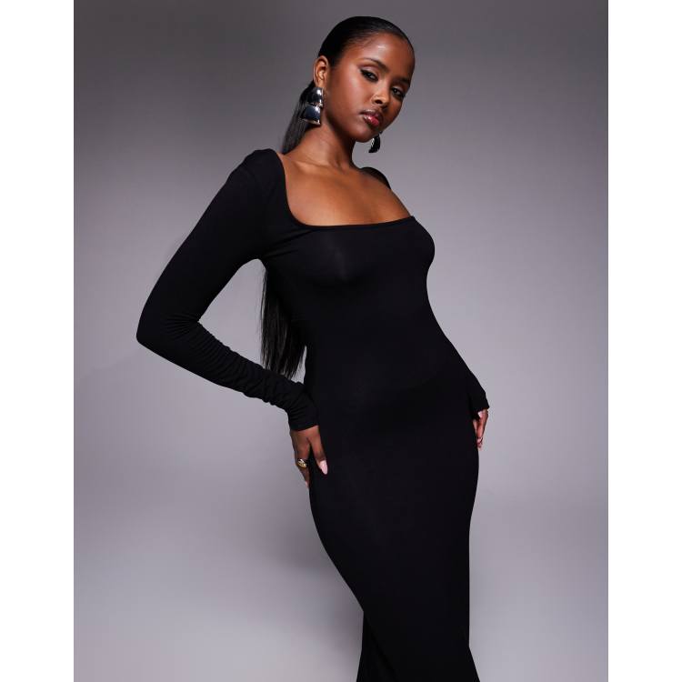 ASOS Design long sleeve knotted back square neck maxi dress in Black