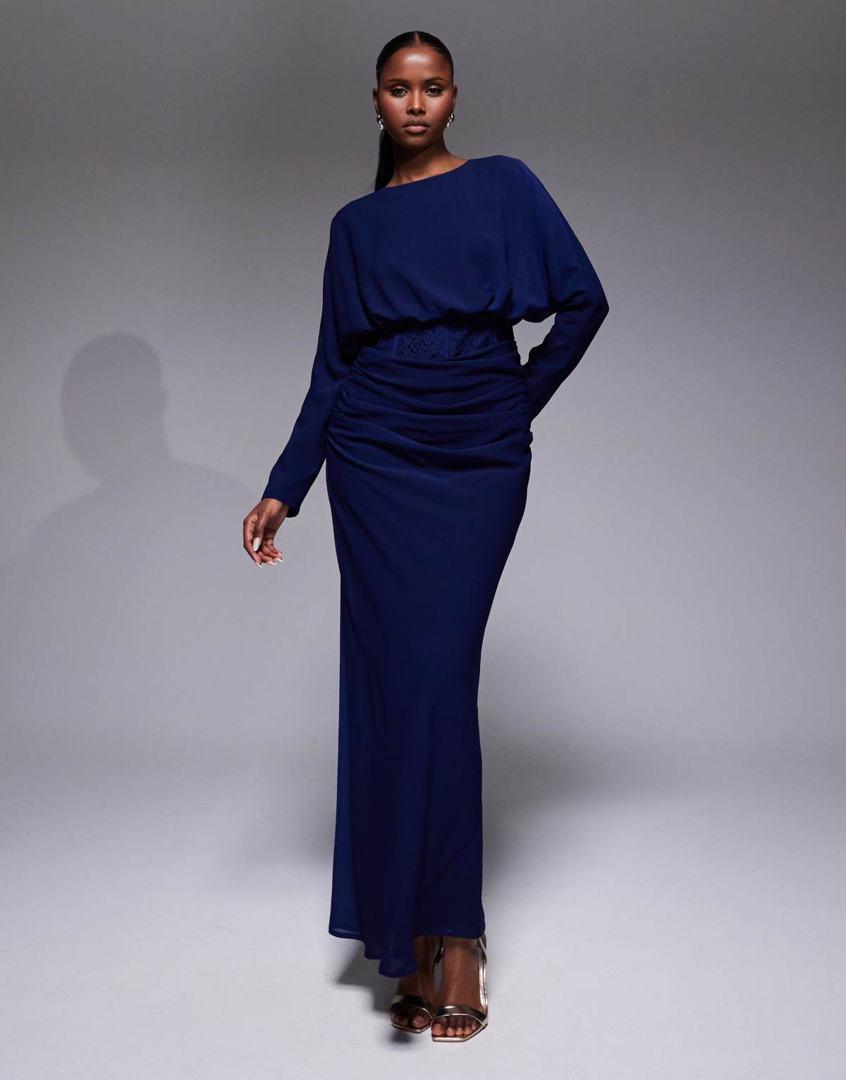 ASOS DESIGN long sleeve lace bodice blouson maxi dress in navy