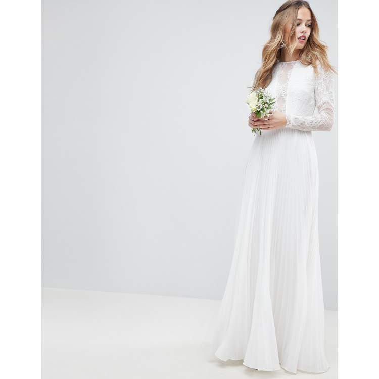 ASOS DESIGN Long Sleeve Lace Bodice Maxi Wedding Dress with Pleated Skirt
