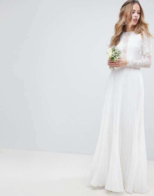 ASOS DESIGN Long Sleeve Lace Bodice Maxi Wedding Dress with Pleated Skirt