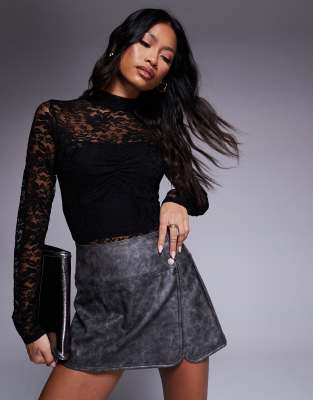 ASOS DESIGN long sleeve lace body suit with ruched centre in black