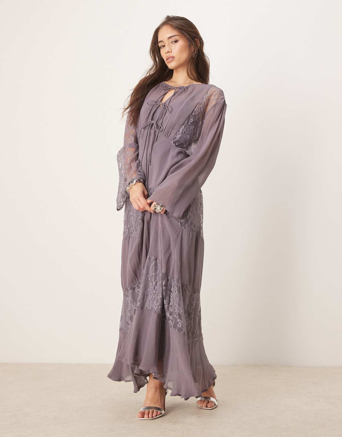 ASOS DESIGN long sleeve lace detailing maxi dress in grey