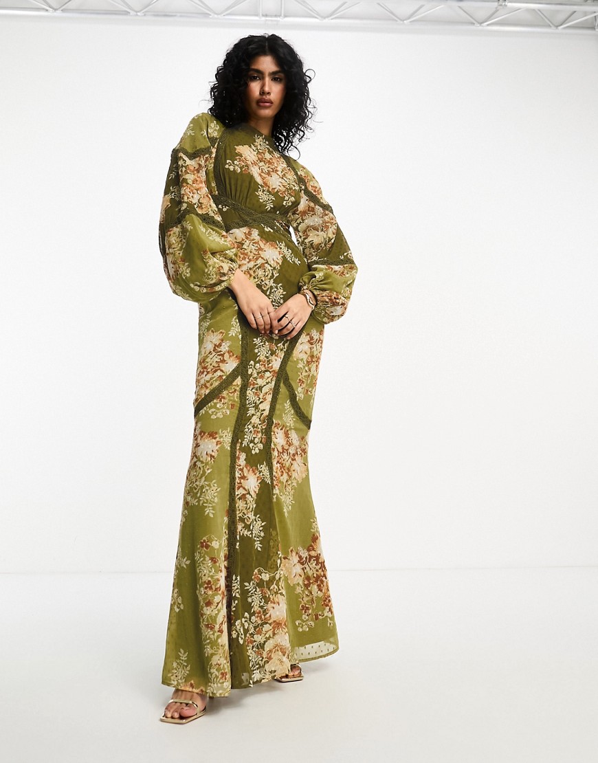 ASOS DESIGN long sleeve lace insert bias maxi dress in green floral print - MULTI