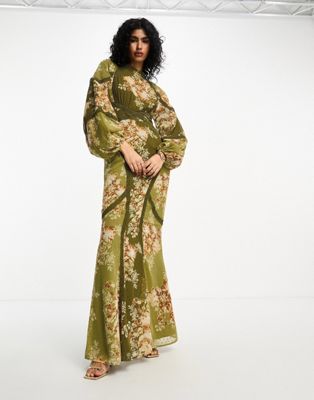 ASOS DESIGN long sleeve print in floral green ASOS maxi insert dress bias | lace